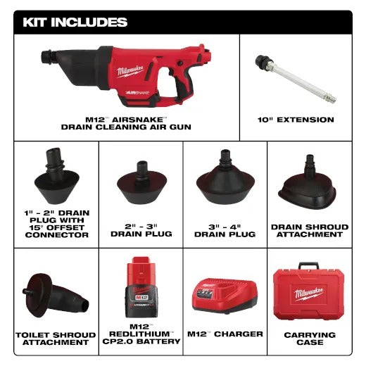 Milwaukee M12 Airsnake Drain Cleaning Air Gun Kit-B