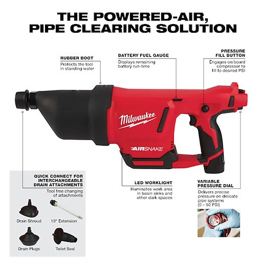 Milwaukee M12 Airsnake Drain Cleaning Air Gun Kit-B