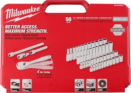 Milwaukee 1/4" Sae/Metric Drive Ratchet and Socket Set 50 Pc