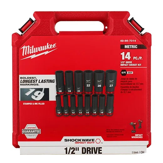 Milwaukee Shockwave Impact Duty 1/2" Drive Metric Deep 6 Point Socket Set 14Pc