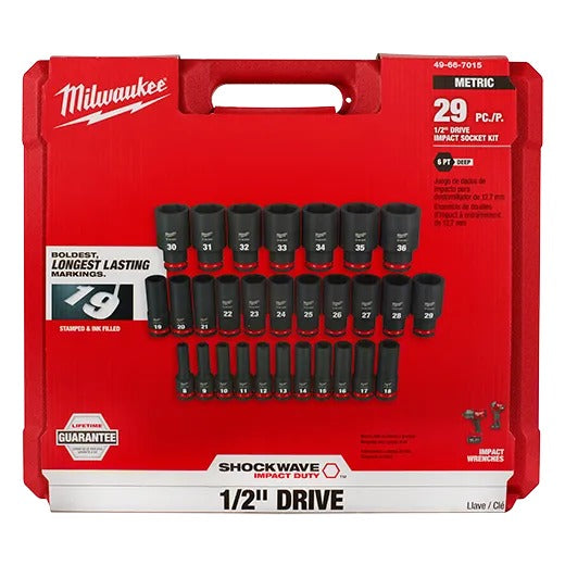 Milwaukee Shockwave Impact Duty 1/2" Drive Metric Deep 6 Point Socket Set 29Pc