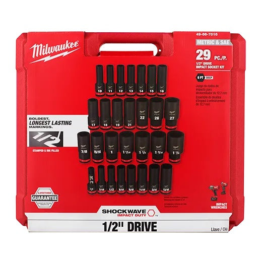 Milwaukee Shockwave Impact Duty 1/2" Drive Sae and Metric Deep 6 Point Socket Set 29Pc