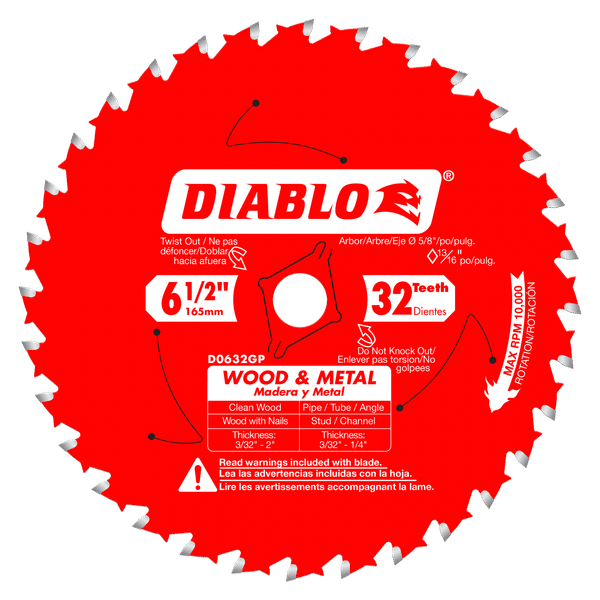 Diablo 6-1/2" x 32-Teeth Carbide Saw Blade for Wood and Metal - 5 Pcs