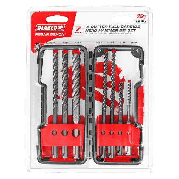 Diablo Rebar Demon SDS-Plus 4-Cutter Full Carbide Head Hammer Bit Set - 7 Pcs