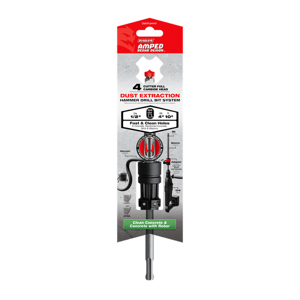 Diablo AMPED Rebar Demon 1/2" x 10" SDS-Plus 4-Cutter Full Carbide Head Dust Extraction Hammer Drill Bit