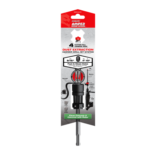 Diablo AMPED Rebar Demon 9/16" x 10" SDS-Plus 4-Cutter Full Carbide Head Dust Extraction Hammer Drill Bit