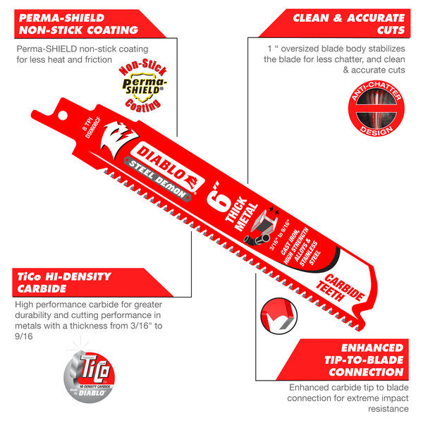 Diablo 6" x 8-TPI Steel Demon Carbide Teeth Reciprocating Saw Blades for Thick Metal - 3/Pack