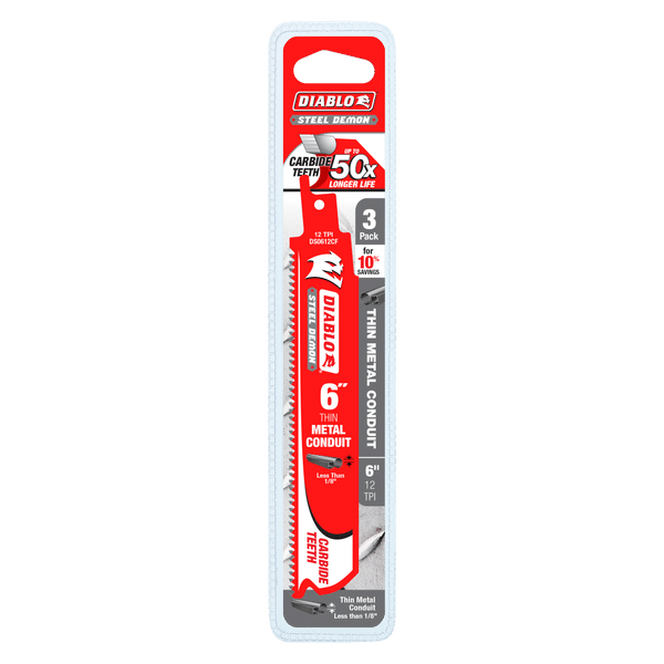 Diablo 6" x 12-TPI Steel Demon Carbide Teeth Reciprocating Saw Blades for Thin Metal Conduit - 3/Pack