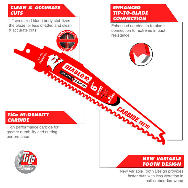 Diablo 9" x 5/7-TPI Demo Demon Carbide Teeth Reciprocating Saw Blades for Nail-Embedded Wood - 3/Pack