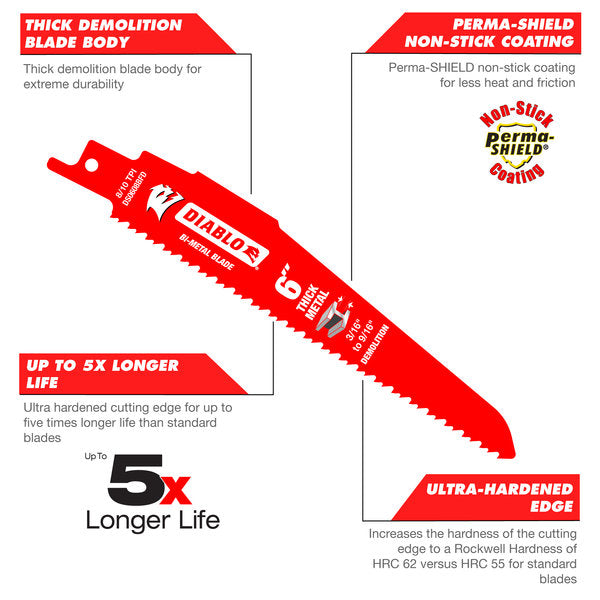 Diablo 9" x 8/10-TPI Bi-Metal Reciprocating Saw Blades for Thick Metal - 25/Pack