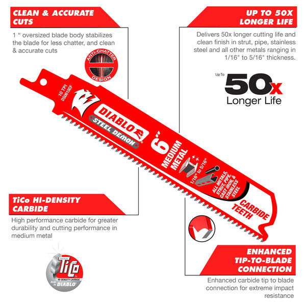 Diablo 9" x 10-TPI Steel Demon Carbide Teeth Reciprocating Saw Blades for Medium Metal - 3/Pack