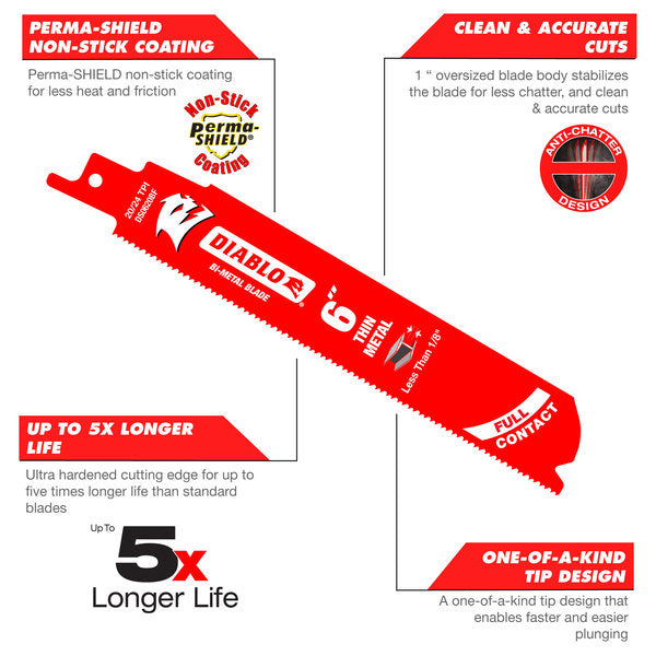 Diablo 9" x 20/24-TPI Bi-Metal Reciprocating Saw Blades for Thin Metal - 5/Pack