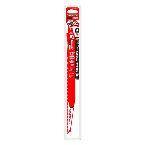 Diablo 12" x 6/9-TPI Demo Demon Carbide Teeth Reciprocating Saw Blades for General Purpose Cuts - 3/Pack