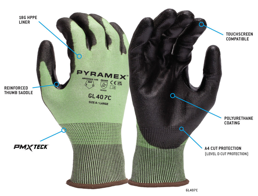 Pyramex 18 Gauge HPPE Polyurethane Coated A4 Cut Resistant Gloves - L