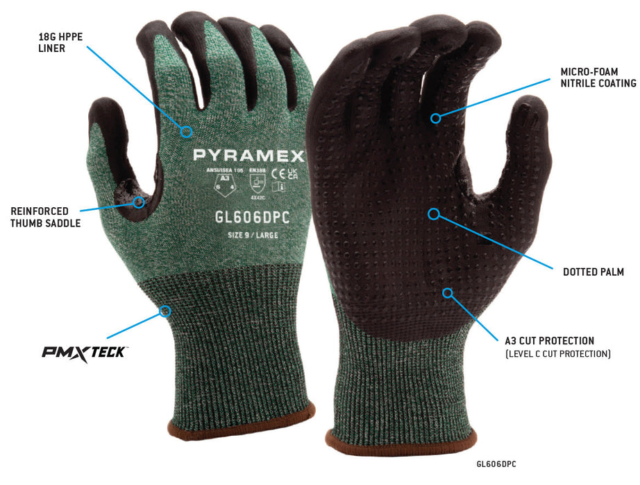 Pyramex 18 Gauge Micro-Foam Nitrile Dotted A3 Cut Thumb Saddle Gloves - L