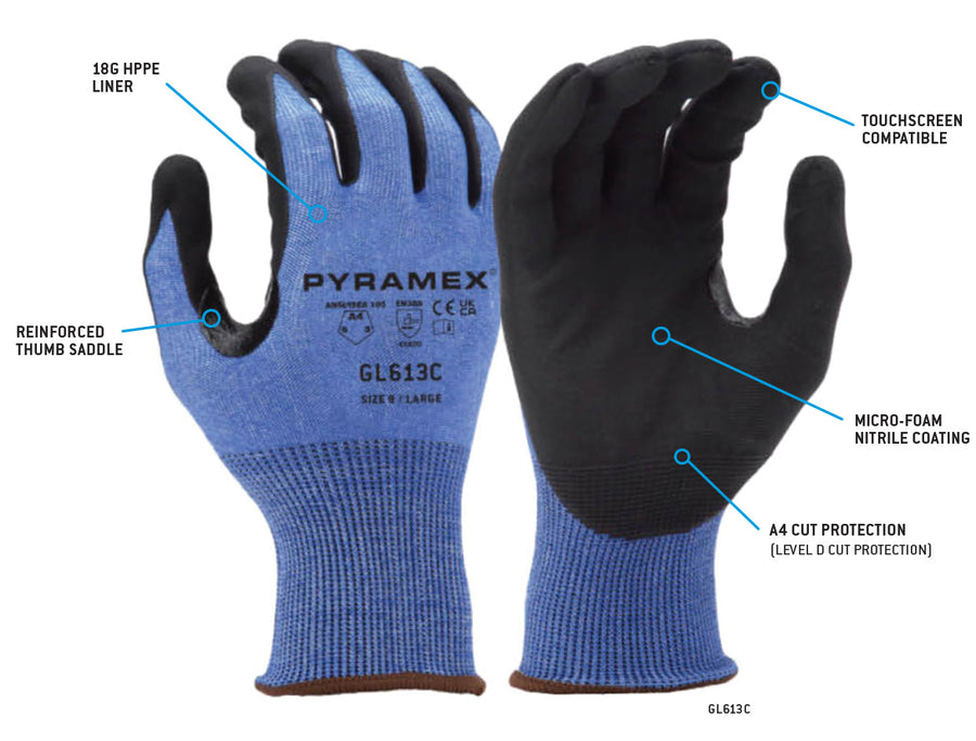 Pyramex 18 Gauge Micro-Foam Nitrile A4 Cut Touchscreen Saftey Gloves - XS