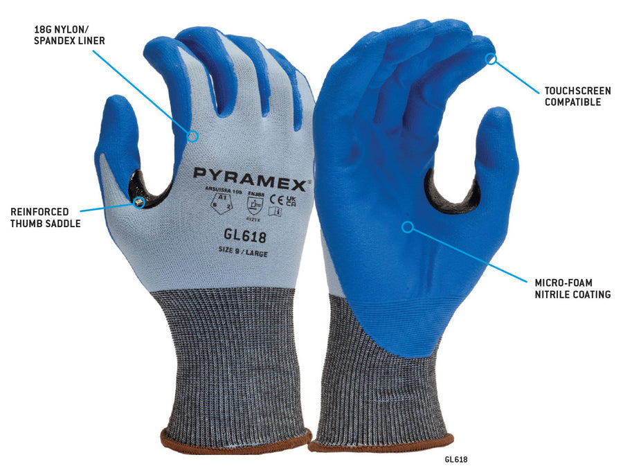 Pyramex 18 Gauge Micro Foam Nitrile Coated A1 Cut Resistant Gloves - M