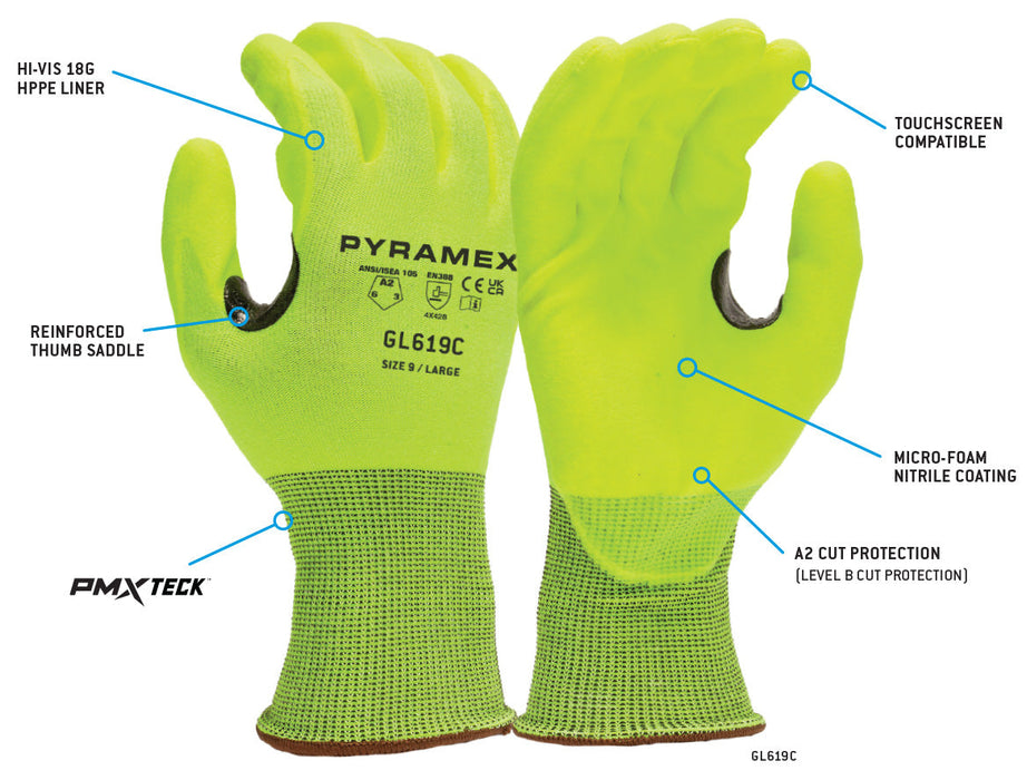 Pyramex 18 Gauge Micro Foam Nitrile Coated HPPE A2 Cut Resistant Gloves - L