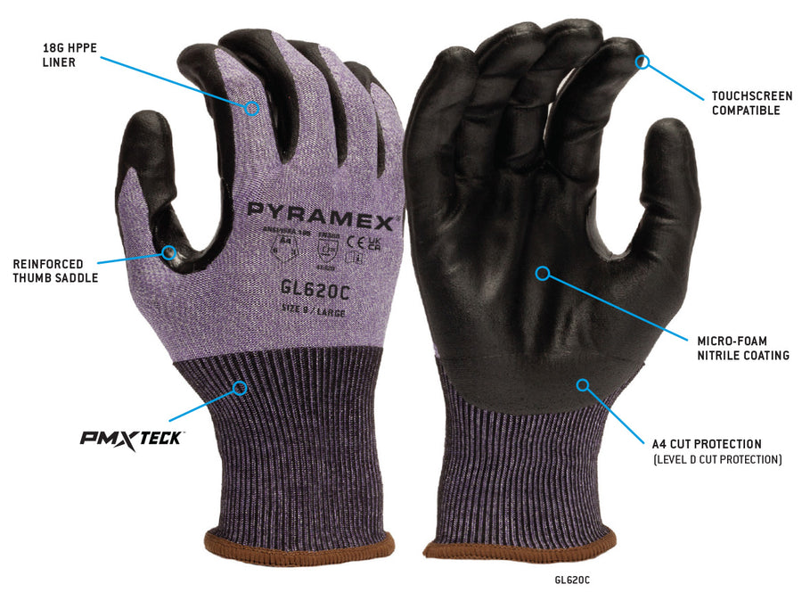 Pyramex 18 Gauge Micro Foam Nitrile Coated HPPE A4 Cut Resistant Gloves - L