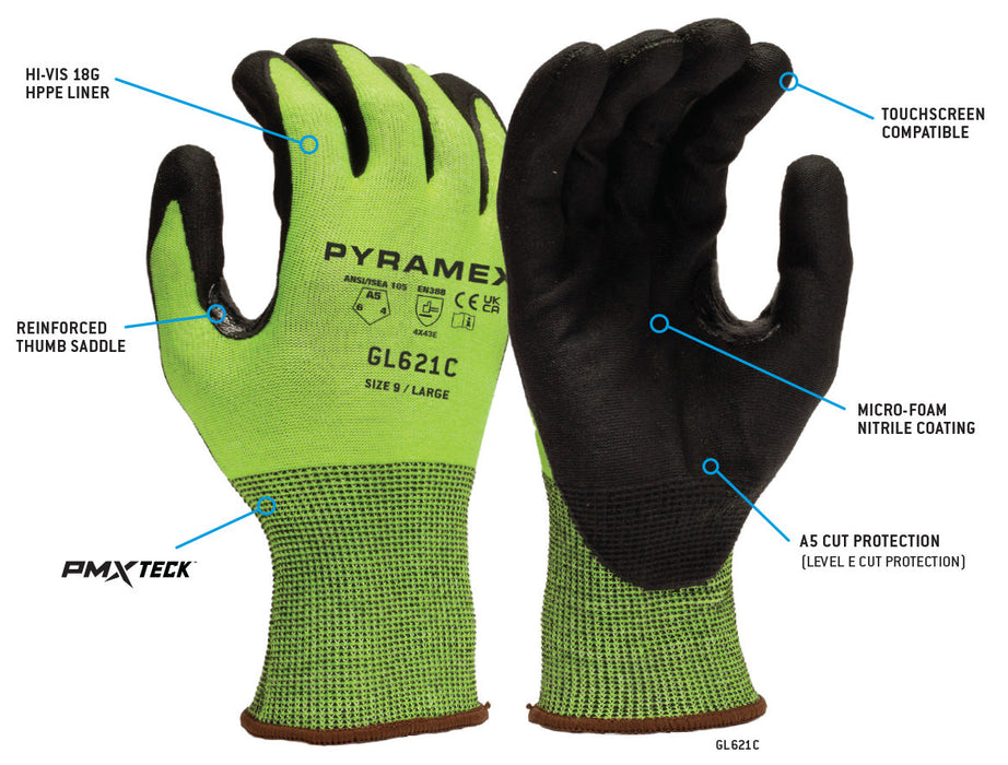 Pyramex 18 Gauge Micro Foam Nitrile Coated HPPE A5 Cut Resistant Gloves - M