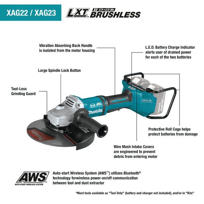 Makita 36V (18V X2) LXT® Brushless 9" Paddle Switch Cut?Off Angle Grinder with Electric Brake and AWS®, (Tool Only)